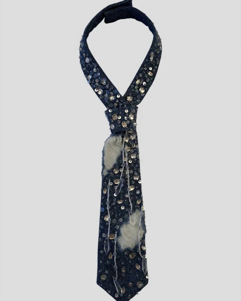 Front of a model wearing a size one-size-fits-all Frayed Crystal Tie In Denim in Denim by Nandanie. | dia_product_style_image_id:354477